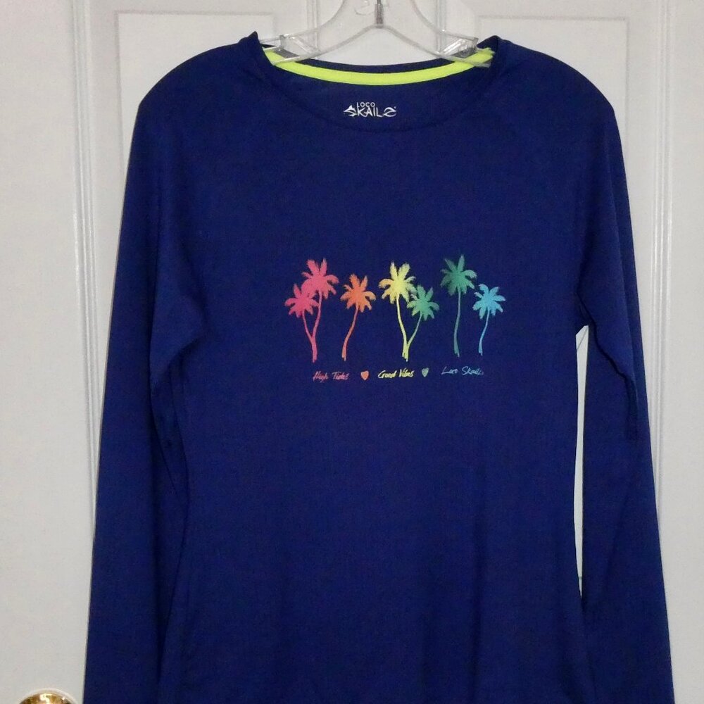 NEW NWOT LOCO SKAILE BLUE LONG SLEEVE WOMENS SHIRT TOP - PALM TREES - JUNIOR L